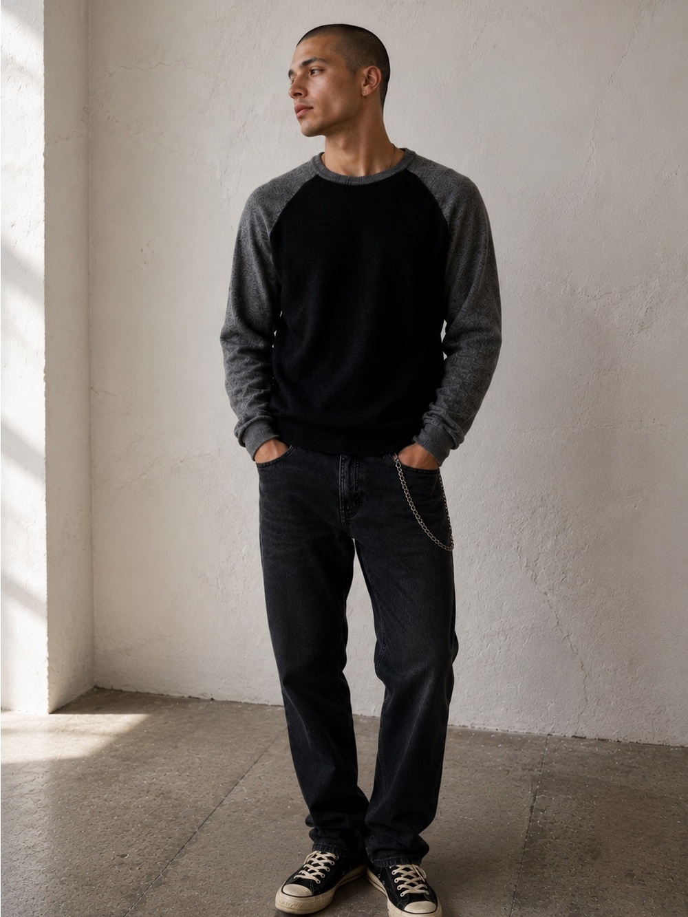 Alfani Men’s 100% Cashmere Sweater top Black Gray Raglan Crewneck Quiet Luxury S
